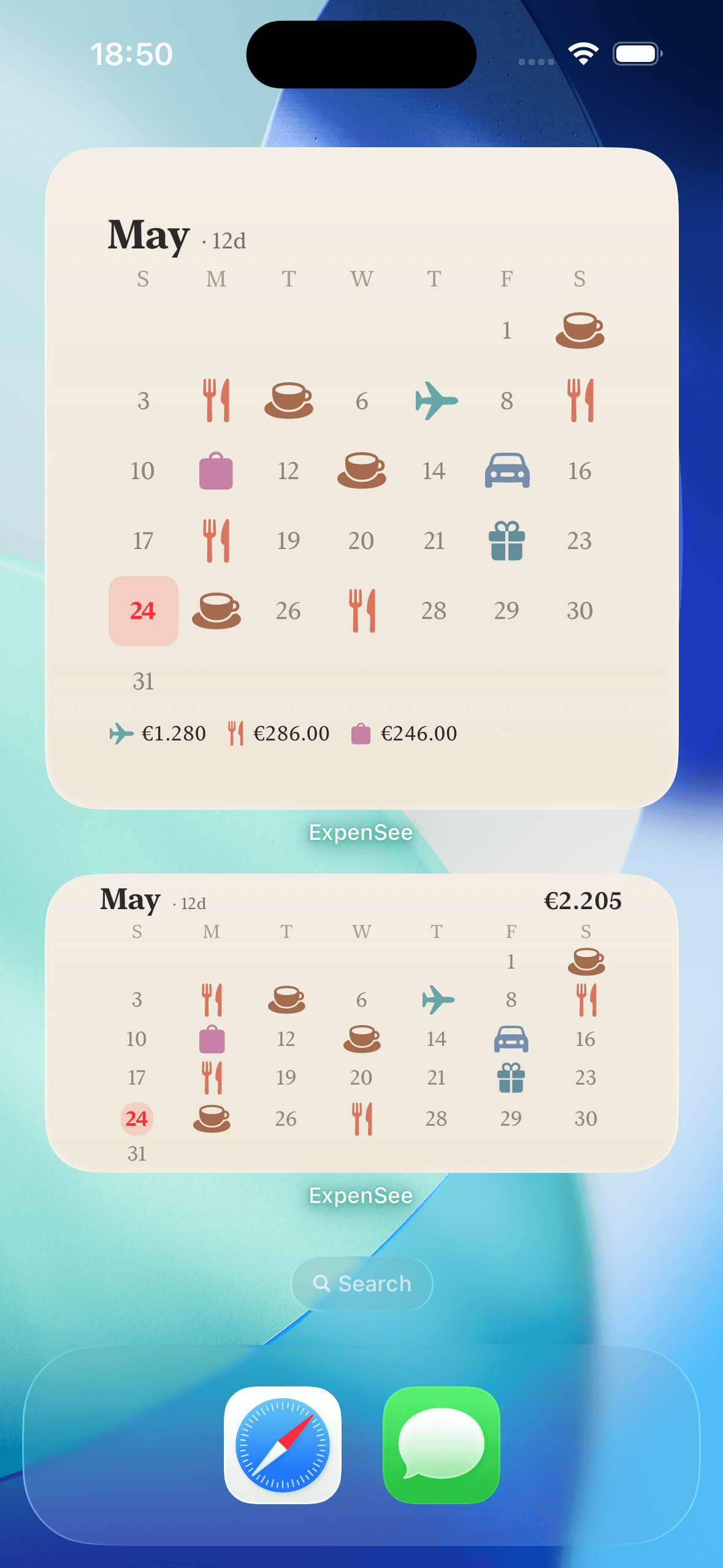 ExpenSee calendar widgets at two sizes on the iPhone home screen